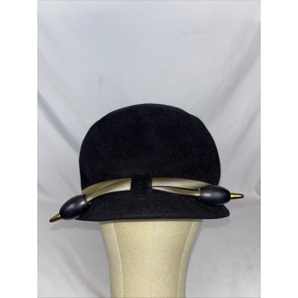 Womens Vintage Black 40's Style Hat Brass Color Trim Made In Italy Rounded Crown
